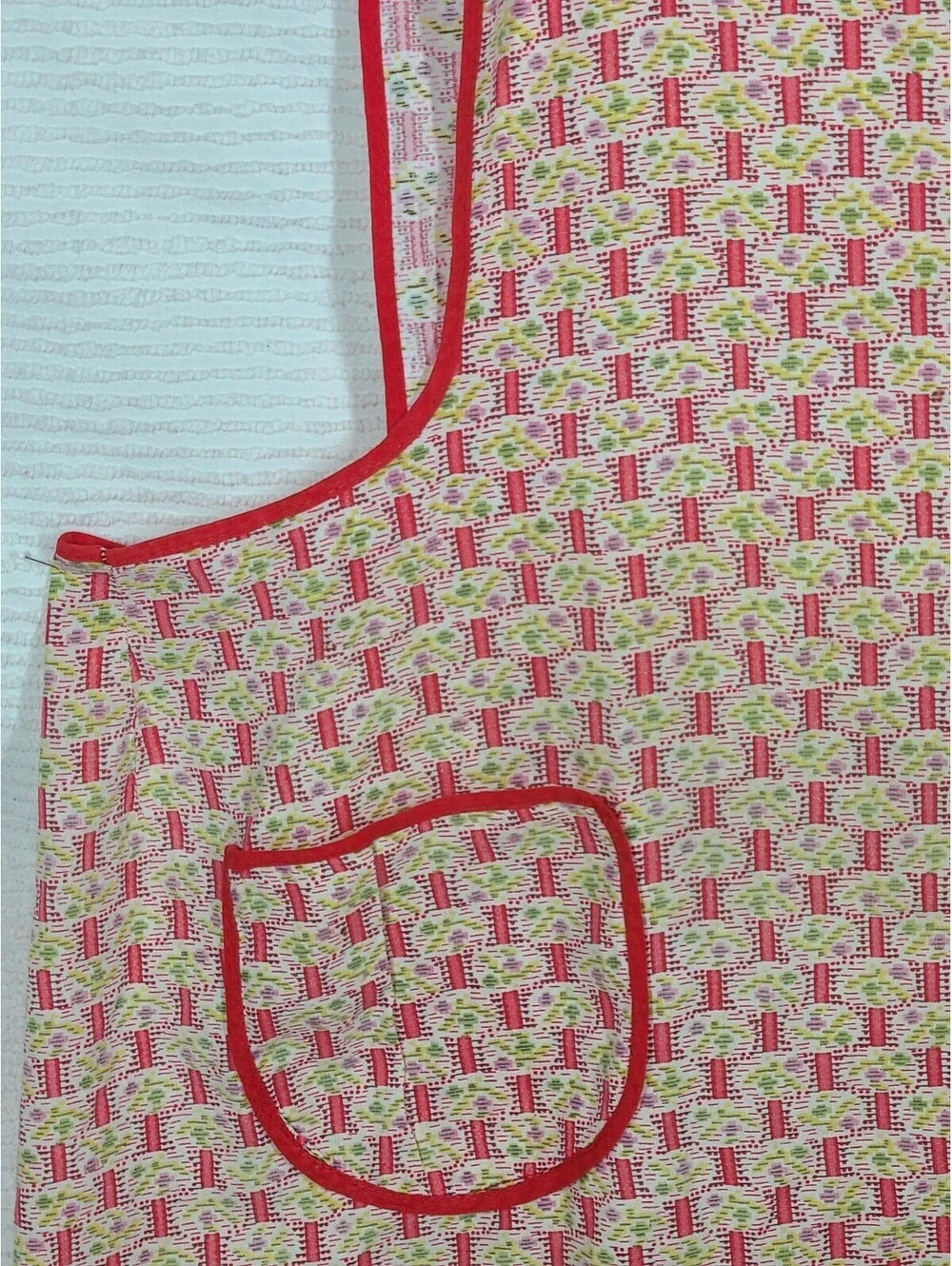 Vtg 50s Tie Back Apron Full Length Geometric Novelty Cotton Print Retro Kitchen